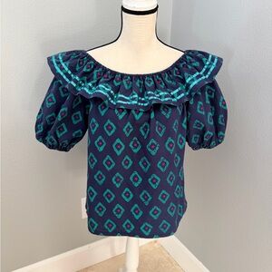 Vintage Pitchfork Brand Off-Shoulder Blouse in Navy and Teal